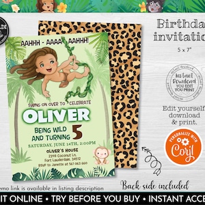 Editable Jungle Invitation, Printable Tarzan Birthday Party Invitation Template, Instant download Wild Safari Birthday Party Invite 2 TZN