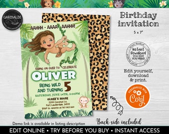 Editable Jungle Invitation, Printable Tarzan Birthday Party Invitation Template, Instant download Wild Safari Birthday Party Invite 2 TZN