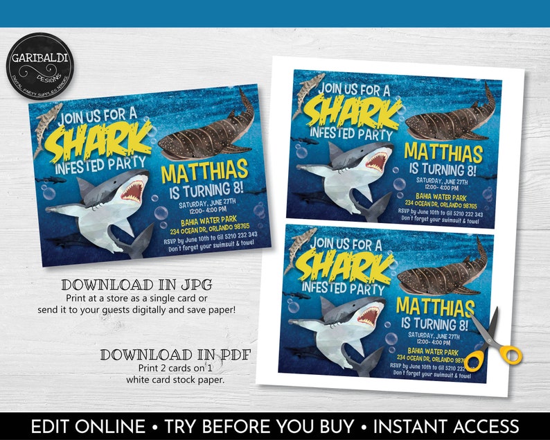 Editable Shark Birthday Party Invitation Printable Sharks - Etsy