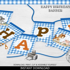 Happy Birthday Blue Truck Pennant Banner, Instant download Farm Animals Birthday Banner, Printable Barnyard Birthday Party Decorations LBT