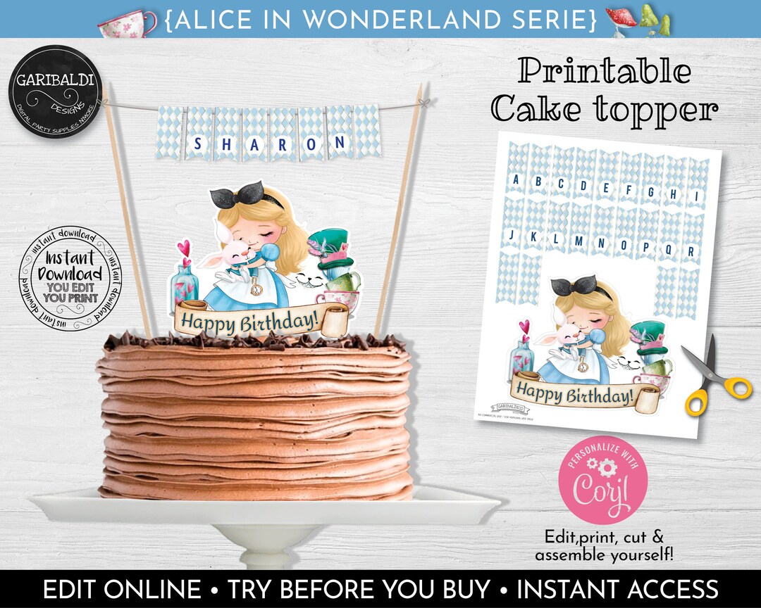 Alice in Wonderland Cake Topper Printable Alice in Wonderland ...
