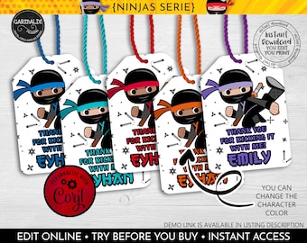 Editable Ninja Favor Tags Ninja Gift Tags Instant Download Ninja Thank you Tags Ninja Birthday Party Supplies Martial Arts Party Deco 2 NJA