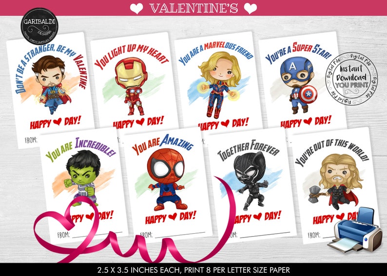 Printable Superhero Valentine Cards, Kids Valentine Cards, School Valentine Cards, Class Valentine's Day Cards, Superhero Valentine's Day VL 