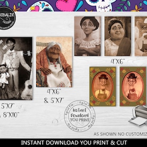 以下が含まれることがあります： アニメ映画「リメンバー・ミー」のキャラクターの印刷可能なデジタル画像。画像は白黒で、ミゲル、ヘクター、ママ・イメルダ、パパ・フリオが描かれています。画像は4x6、5x7、8x10インチのサイズでご利用いただけます。すぐにダウンロードして、印刷してカットしてください。