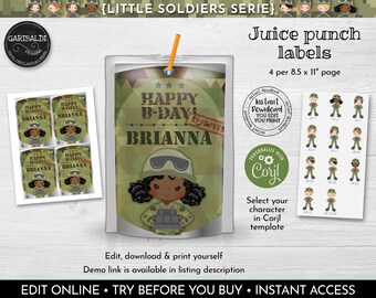 Editable Army Juice Pouch Label Printable Soldier Juice Box Labels Military Juice Labels Instant download Camouflage Birthday Party Favor SA