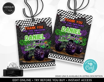 Monster Truck Favor Tags Editable Monster Truck Birthday Party Thank You Gift Tags Monster Truck Party Decor Supplies Template Printable MT