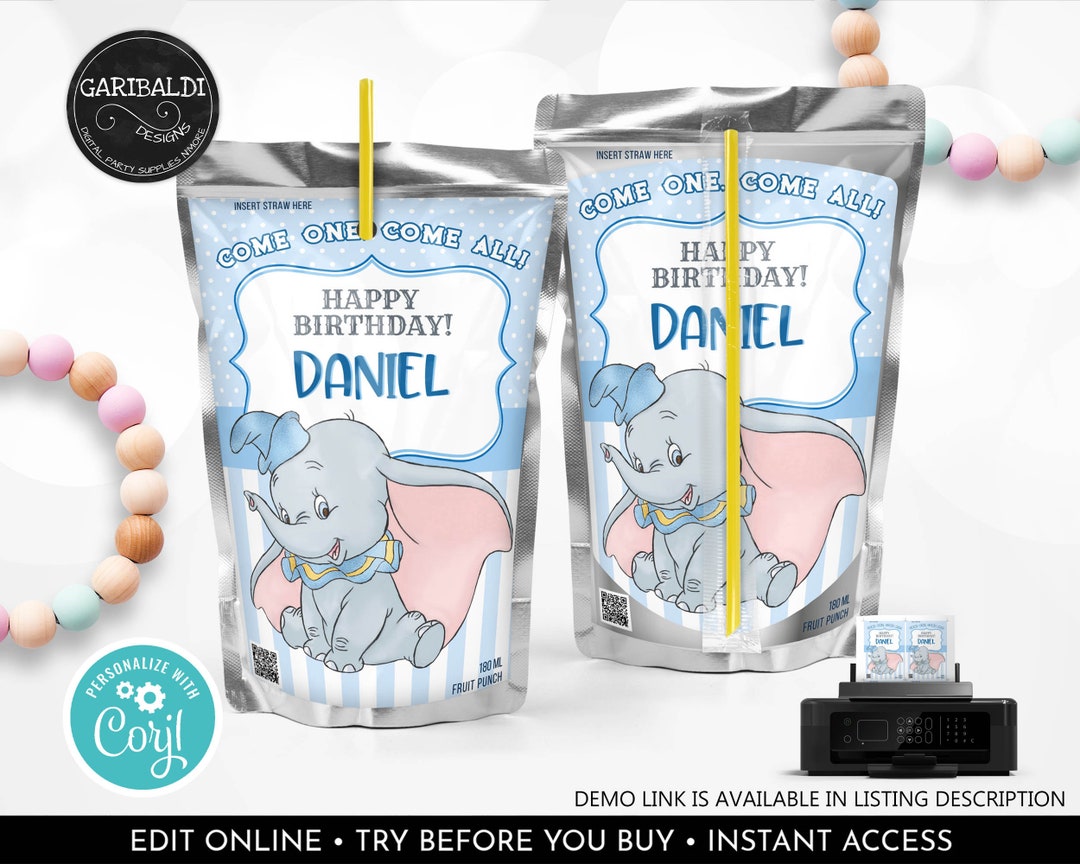 Editable Dumbo Juice Pouch Labels Blue Elephant Favors Tags Blue Dumbo