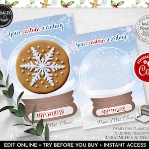 Editable Christmas Cookie Card  Holder Snow Globe Cookie Card Instant Download Christmas Candy Treat Favor Mini Cookie Bakery Packaging CH