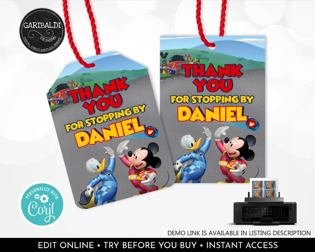 Editable Mickey Roadster Racers Favor Tags Racing Cars Thank - Etsy