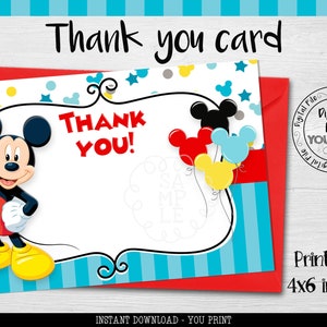 Descarga instantánea Mickey Tarjeta de agradecimiento Imprimible Mickey Birthday Tarjeta de agradecimiento Mickey Thank you Note Mickey First Birthday Party Card MFT1