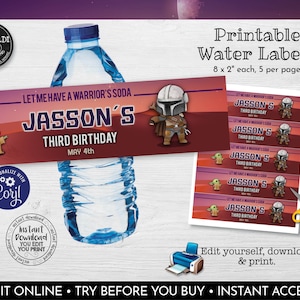 Puede incluir: Etiquetas imprimibles para botellas de agua con un personaje de dibujos animados de la franquicia Star Wars. Las etiquetas son rojas, naranjas y moradas con el texto "Let me have a warrior's soda Jasson's Third Birthday May 4th".