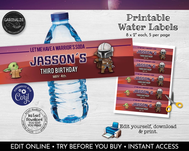 Puede incluir: Etiquetas imprimibles para botellas de agua con un personaje de dibujos animados de la franquicia Star Wars. Las etiquetas son rojas, naranjas y moradas con el texto "Let me have a warrior's soda Jasson's Third Birthday May 4th".