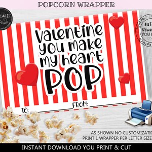You make my heart pop Valentine&#39;s Day Popcorn Wrapper Printable Valentine&#39;s Day Microwave popcorn wrap Valentines day Party Favors VL