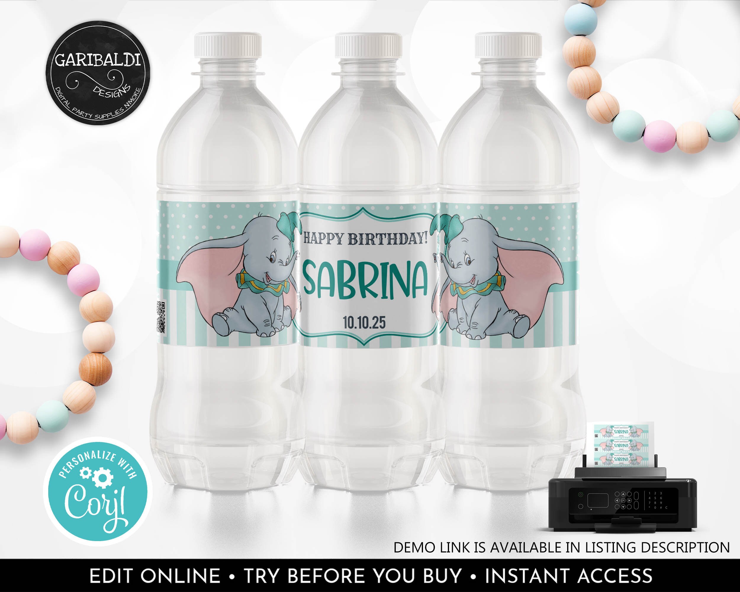 Editable Dumbo Water Bottle Label Baby Elephant Party Favors Dumbo Birthday Table Decor Party Supplies Printable Digital Download Corjl GDM