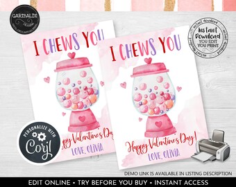 May include: Two printable Valentine's Day cards featuring a pink gumball machine with the text "I Chews You". The cards are personalized with the names "Olivia" and "Cory".