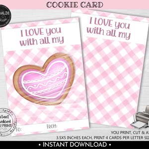 I love you with all my heart Cookie Card, Valentine&#39;s Day Cookie Card, Instant download 3.5&quot;x5&quot; Pink Gingham Cookie Card, Mini Cookie Tag VL