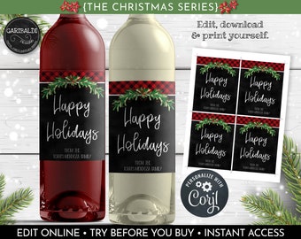 May include: Two wine bottle labels with a red and black buffalo plaid pattern and a chalkboard background. The labels say "Happy Holidays" with a green holly sprig and the text "From the Torres Mendoza Family". Four smaller labels with the same design are also included.