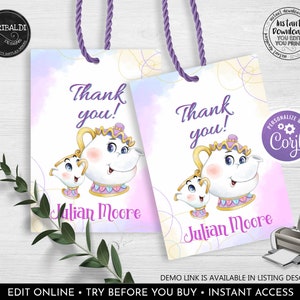 May include: Two printable thank you tags featuring a watercolour background with a cartoon image of Mrs. Potts and Chip from Beauty and the Beast. The text "Thank you!" is printed in purple and the name "Julian Moore" is printed in purple below the image.