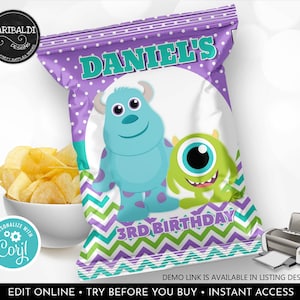 Editable Monsters Chip bag Printable Monsters Chip Bags Little Monsters Chip bags Monsters Party Supplies Monsters Snack Corjl Template DMI