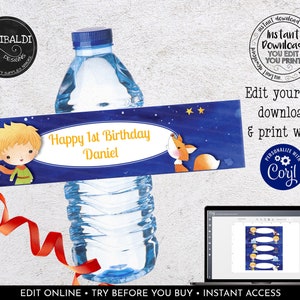 May include: Printable water bottle label featuring The Little Prince character with a blue background and gold stars. The label says "Happy 1st Birthday Daniel".