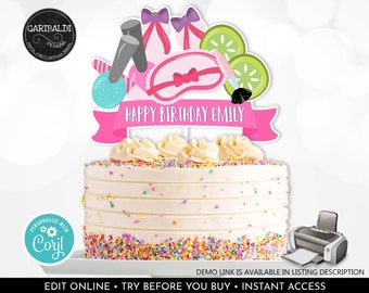 Editable Spa Party Cake Topper Spa Centerpieces Glitz & Glam Party Makeup Fashion Girl Birthday Party Supplies Table Decor Printable BSP