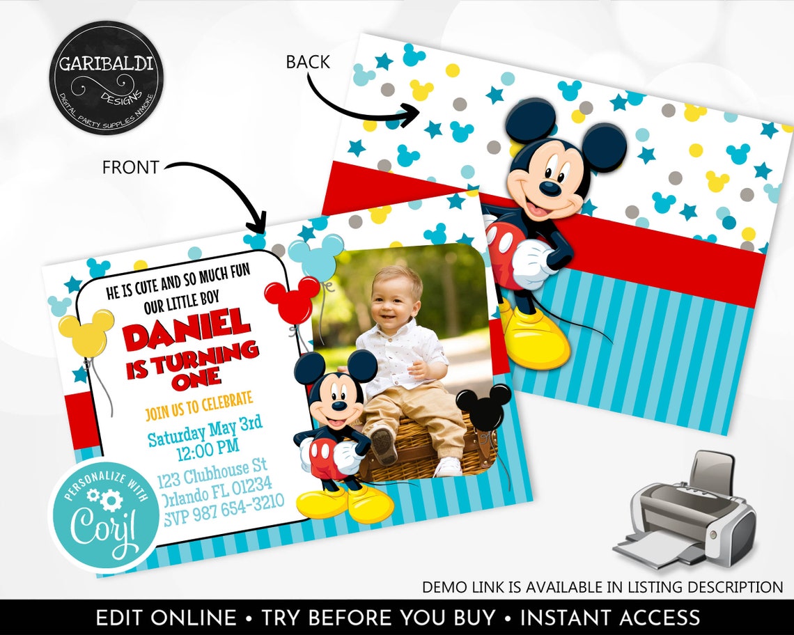 Editable Mickey Mouse Invitation Boy First Birthday Printable Photo ...