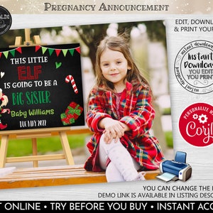 Christmas Pregnancy Announcement Sign New Baby Poster Board Elf Big Sister to be printable Sign Holiday Chalkboard Photoshoot Prop 2 PA Ch