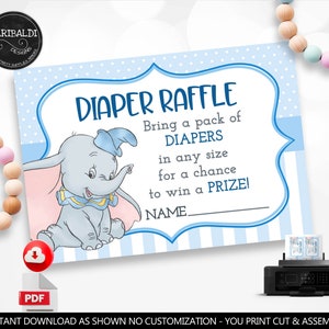 Blue Dumbo Diapers Request Card Blue Baby Diaper Raffle Ticket Blue Elephant Bring Diapers Game Insert Card Blue Baby Shower Party Games GDB