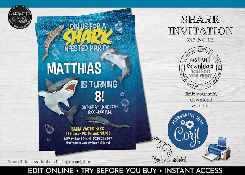 Editable Shark Birthday Party Invitation Printable Sharks | Etsy