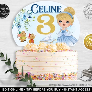 Cinderella Cake Topper Editable Once Upon a Time Princess Royal Celebration Centerpieces Table Decor Printable Template Download Corjl CP