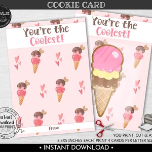 You're the Coolest Cookie Card, Valentine Cookie Card, Ice Cream Cookie Card, Instant download Valentine Tag, Printable Mini Cookie Card VL