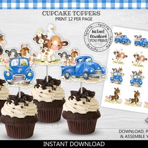 Printable Blue Truck Cupcake toppers Instant download Farm Animals Party favors Blue Truck Party Decorations Farm Truck Party Supplies LBT