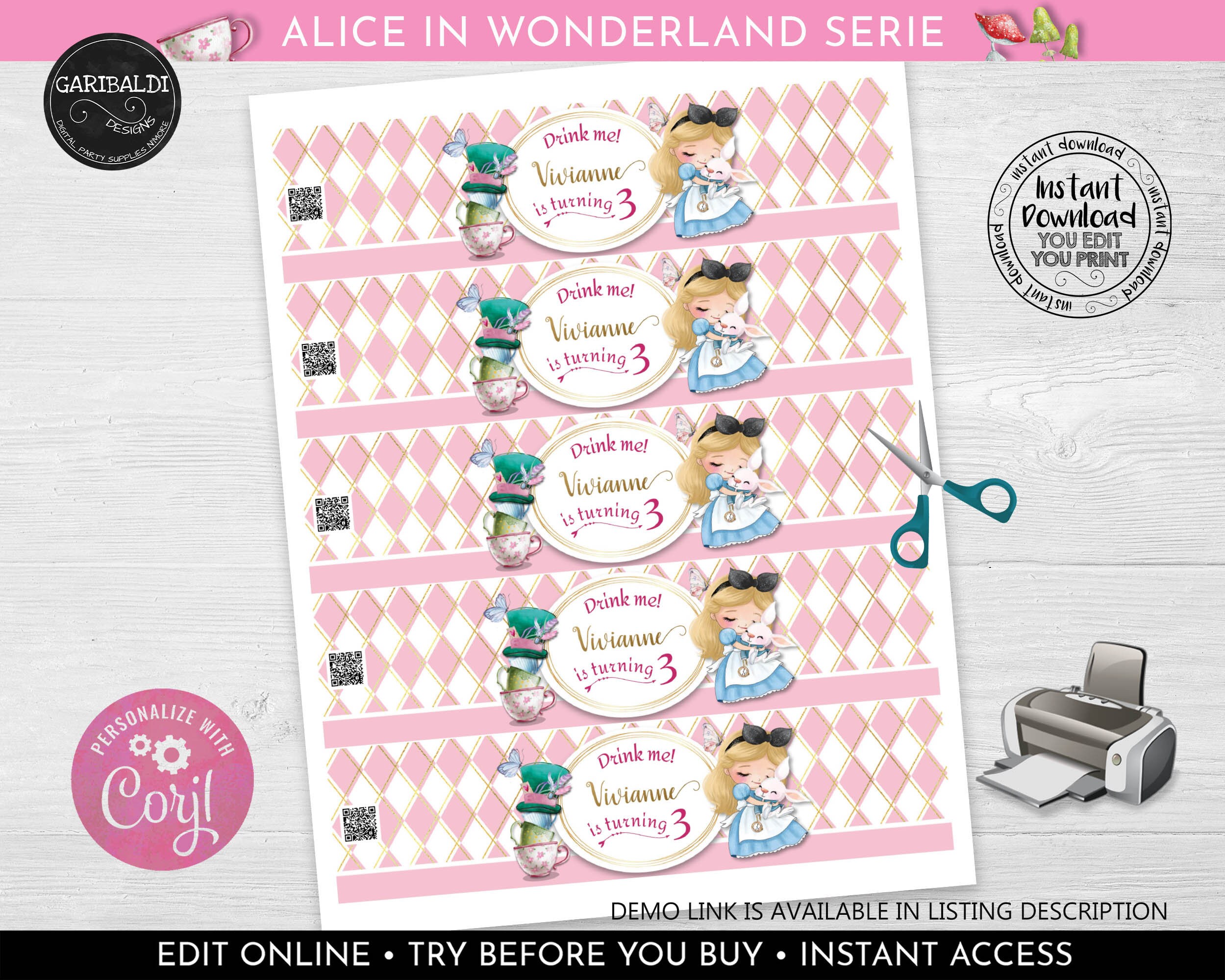Editable Alice in Wonderland Water Bottle Labels Printable Alice ...
