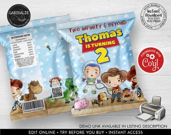 Editable Toy Story Chip Bag Wrapper It's a Boy Story Chip Bag Template Cowboy Space Ranger Birthday Party Supplies Corjl Template TSS