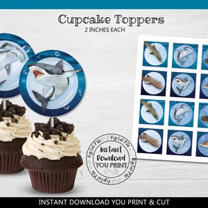 Adornos para cupcakes con forma de tiburón, adornos para cupcakes con forma de tiburón, decoraciones para fiestas de cumpleaños con forma de tiburón, suministros para fiestas con forma de tiburón, descarga digital SH01