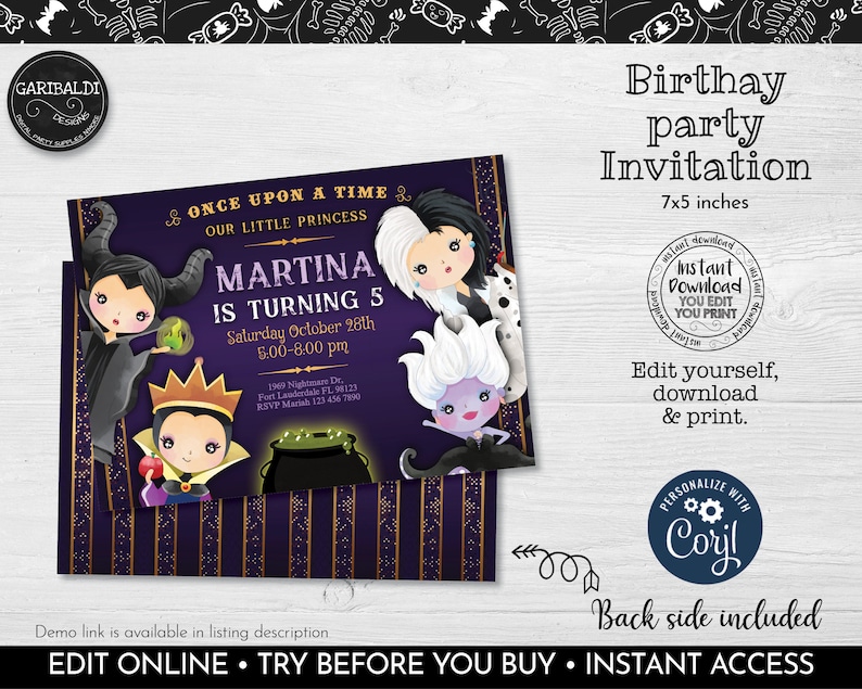 May include: Purple and gold birthday party invitation with a cartoon illustration of three Disney villains: Maleficent, Evil Queen, and Ursula. The invitation says "Once Upon a Time Our Little Princess Martina is Turning 5" and includes the date, time, and location of the party. The invitation is 7x5 inches.