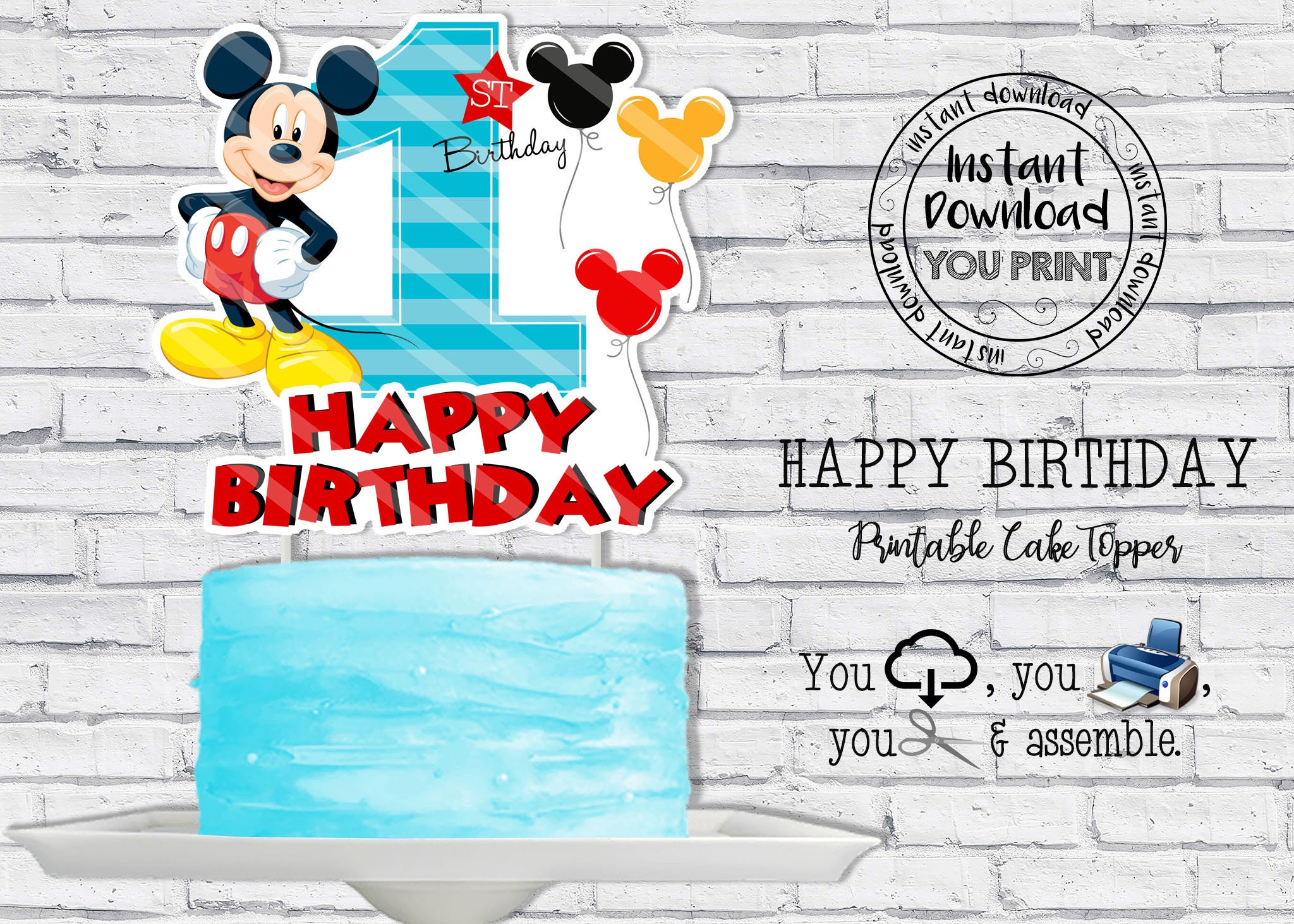 Instant Download Mickey 1st Birthday Cake Topper Printable | Etsy