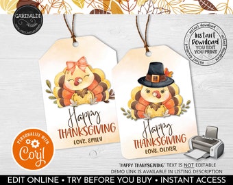 Editable Thanksgiving Gift Tags Happy Thanksgiving Favor Tag Printable Thanksgiving Labels Instant download Turkey Fall Autumn Party Tags TF