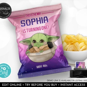 May include: Pink and purple chip bag with a cartoon image of a green alien character in a spaceship. The bag has the text "This is the way Sophia is turning one!" and "May 4th".