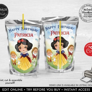 Editable Snow White Juice Pouch Labels Seven Dwarfs Juice Box Label Snow White Birthday Party Decorations Instant download Party Favors WS