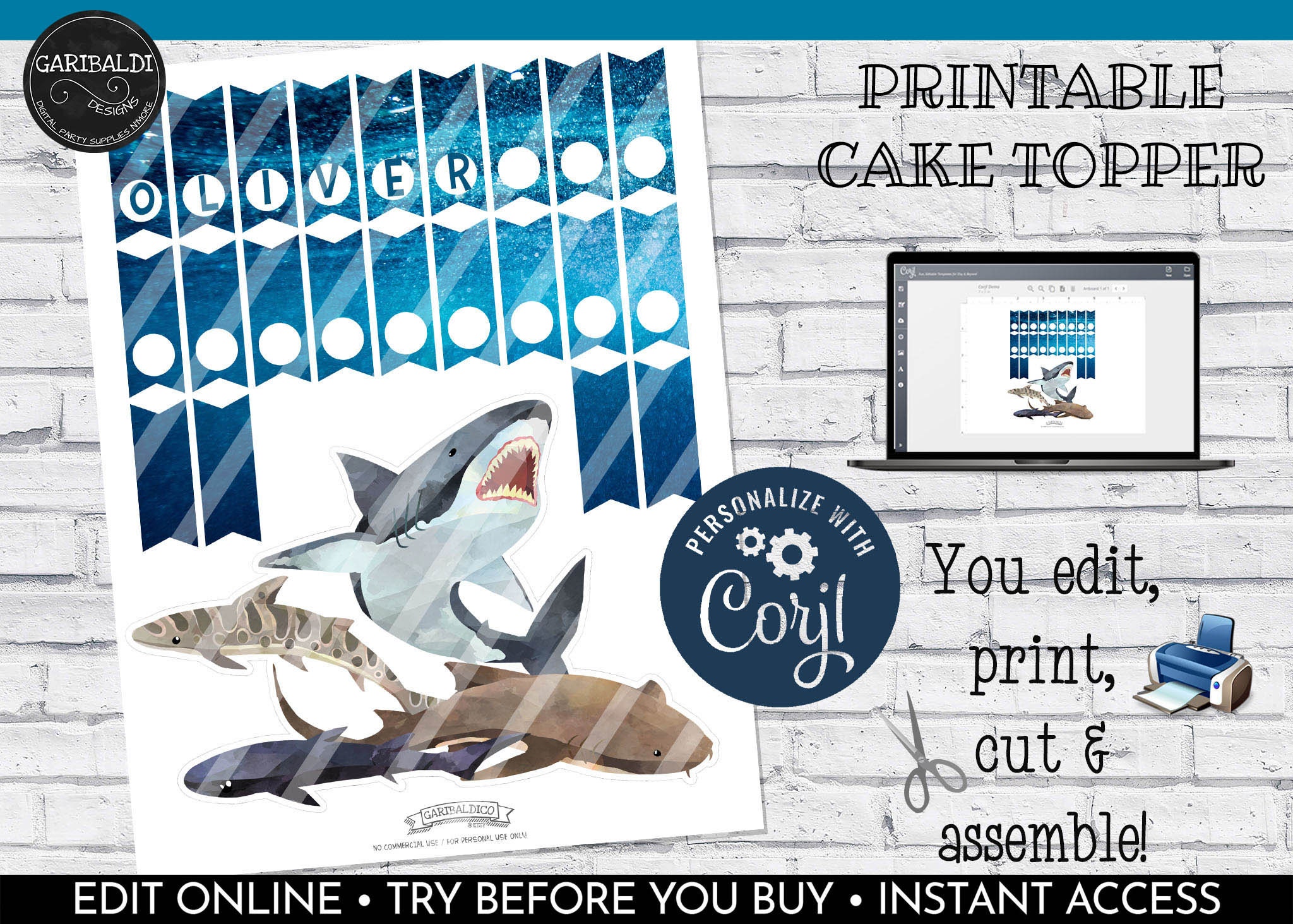 Editable Shark Cake Topper Printable Shark Birthday Cake | Etsy