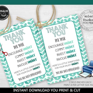 Instant Download Thank you Tags Printable Mint Tags Volunteer Staff PTA Nurse Employee Boss Co-worker Teacher Appreciation Mint Favor Tag TA