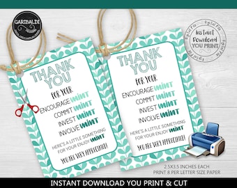 Instant Download Thank you Tags Printable Mint Tags Volunteer Staff PTA Nurse Employee Boss Co-worker Teacher Appreciation Mint Favor Tag TA