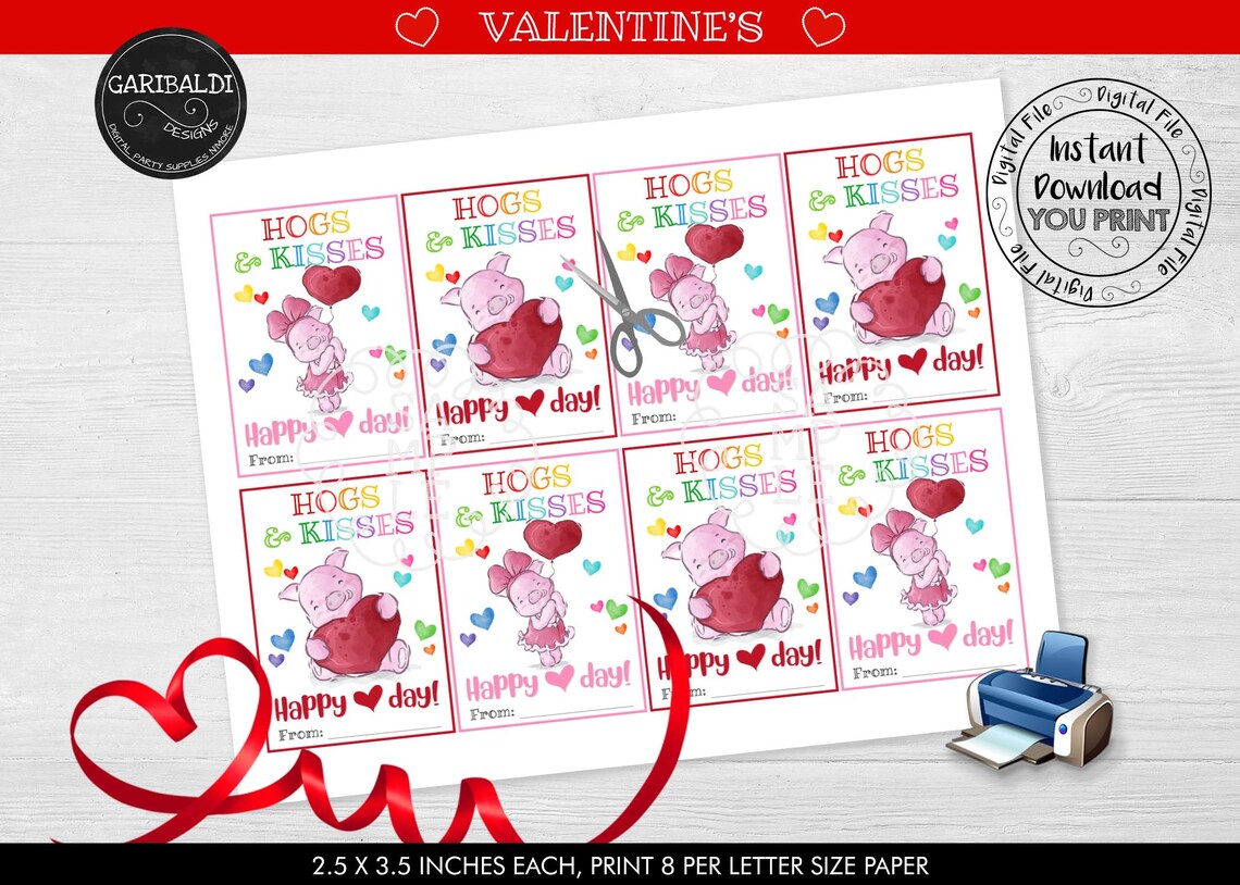 Instant Download Pig Valentine's Day Card Hogs and Kisses | Etsy