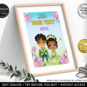 Editable Princess and the Frog Custom Sign Princess Tiana Birthday Party Supplies Printable Table Decor Board Template Custom Sign Corjl PF