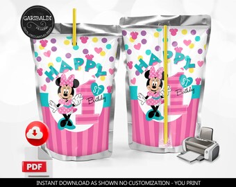 Minnie Juice Pouch Labels Printable Minnie First Birthday Juice Labels Minnie 1st Birthday Party Supplies Juice Labels Instant download FTB1