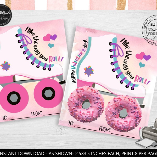 Roller Skate Valentine's day Card Valentines Favor Tag Mini Donut Cookie Card Holder Valentine Treat Kids School Classroom Exchange Card VL