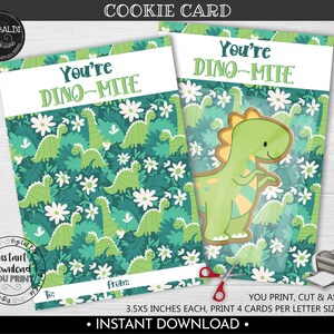 Your're Dino-Mite Cookie Card Instant download 3.5"x5" Dino Cookie Card Printable Dinosaur Mini Cookie Card Valentine's Day Cookie Card VL
