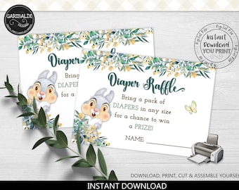 May include: Two printable cards for a diaper raffle. The cards feature a cartoon chipmunk with a green, yellow, and white floral design. The text on the cards reads "Diaper Raffle" and "Bring a pack of diapers in any size for a chance to win a prize!"
