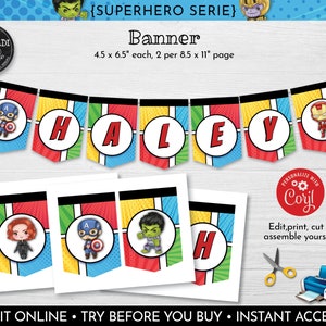EDITABLE Superhero Pennant Banner Superhero Birthday Banner Instant Download Superhero Party Decorations Superhero Printable Banner SHAV